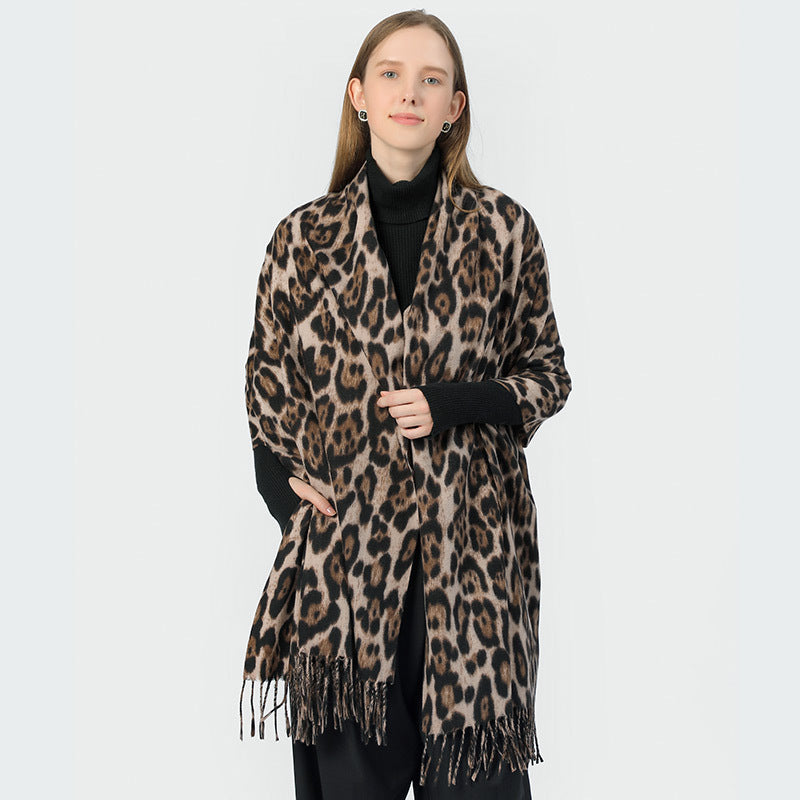Stylish Animal Print Scarf - Warm Fall/Winter Shawl with Tassels, Imitation Cashmere(Dark green)