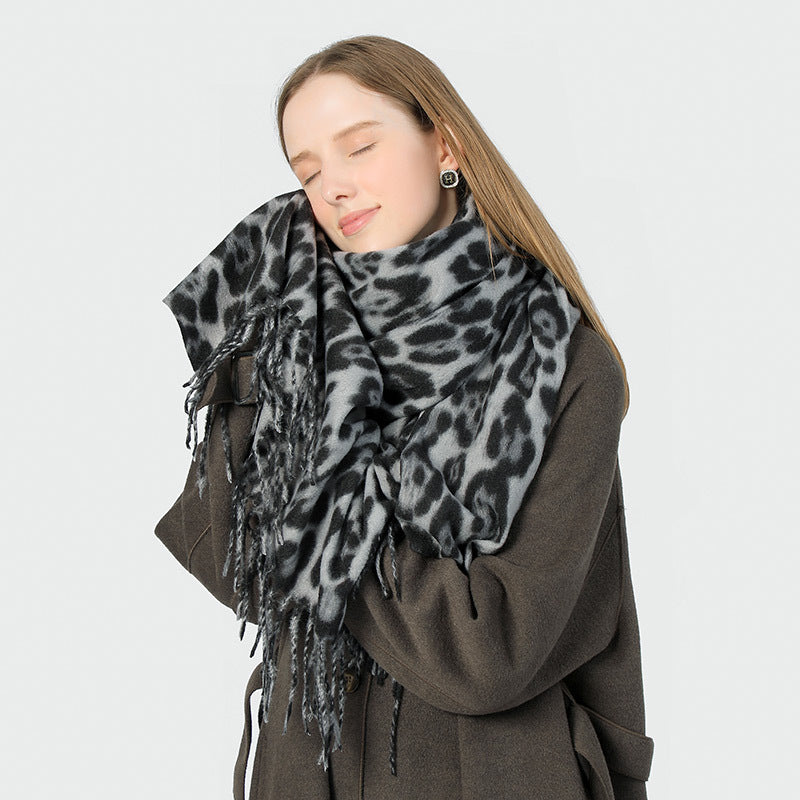 Stylish Animal Print Scarf - Warm Fall/Winter Shawl with Tassels, Imitation Cashmere(Dark green)