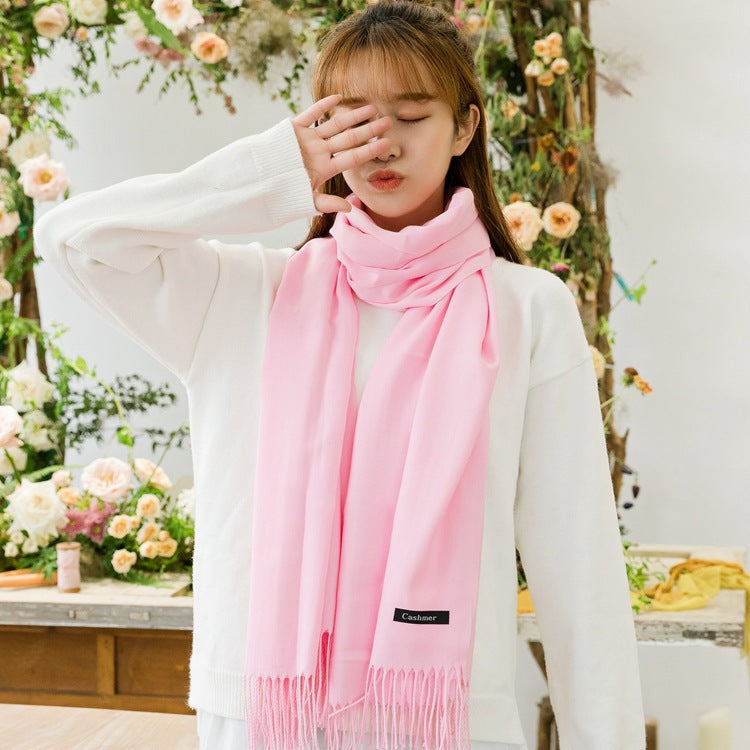 Luxe Soft Imitation Cashmere Scarf - Warm Solid Tone Shawl with Elegant Fringe(Pink)