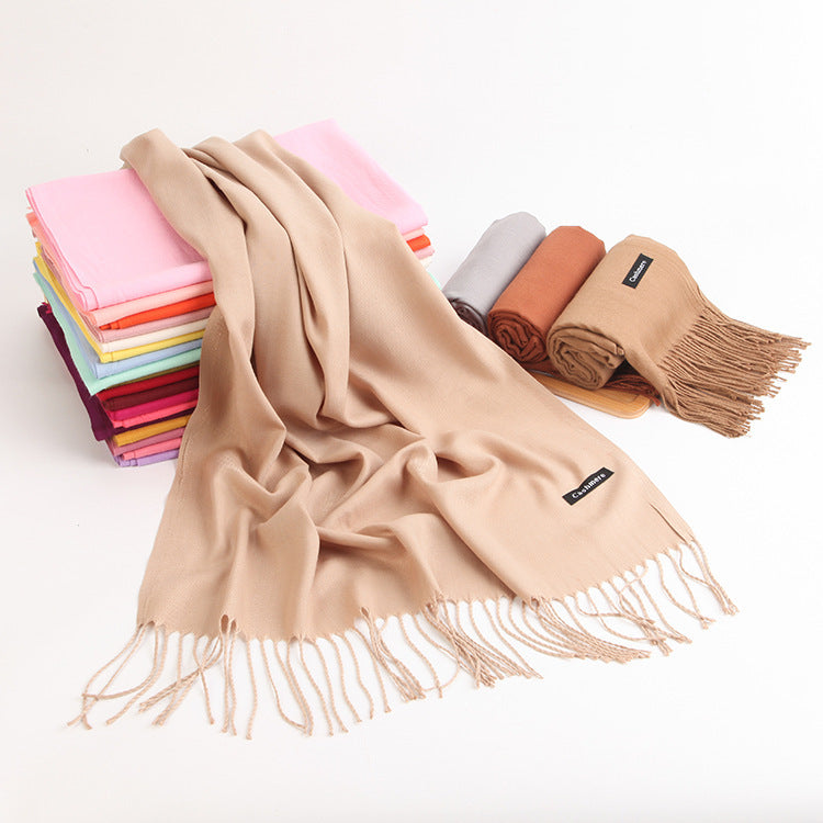 Luxe Soft Imitation Cashmere Scarf - Warm Solid Tone Shawl with Elegant Fringe(Pink)