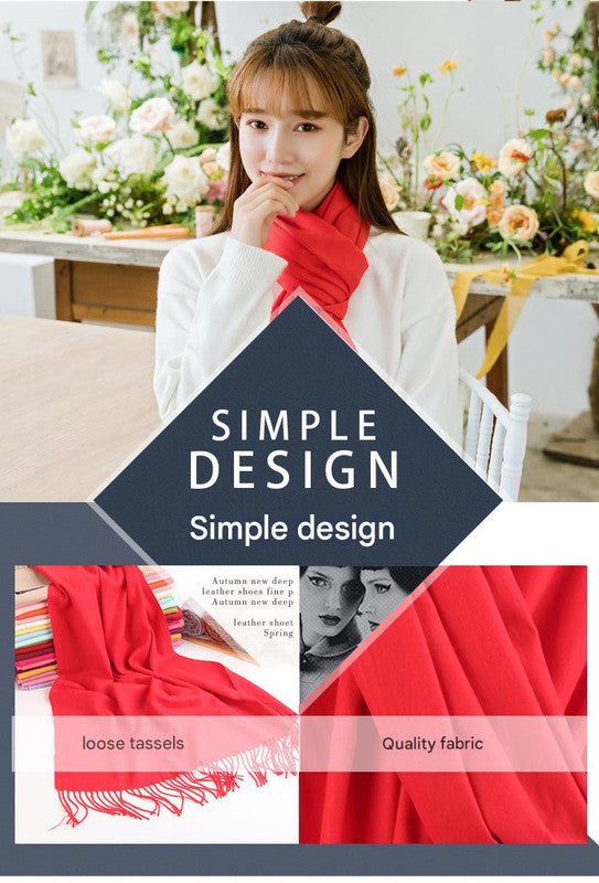 Luxe Soft Imitation Cashmere Scarf - Warm Solid Tone Shawl with Elegant Fringe(Off-white)