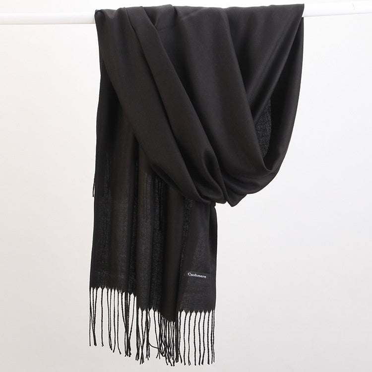 Luxe Soft Imitation Cashmere Scarf - Warm Solid Tone Shawl with Elegant Fringe(Pure black)