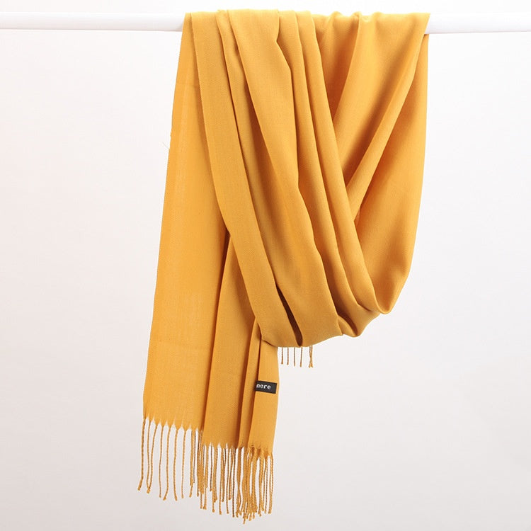 Luxe Soft Imitation Cashmere Scarf - Warm Solid Tone Shawl with Elegant Fringe(Turmeric)