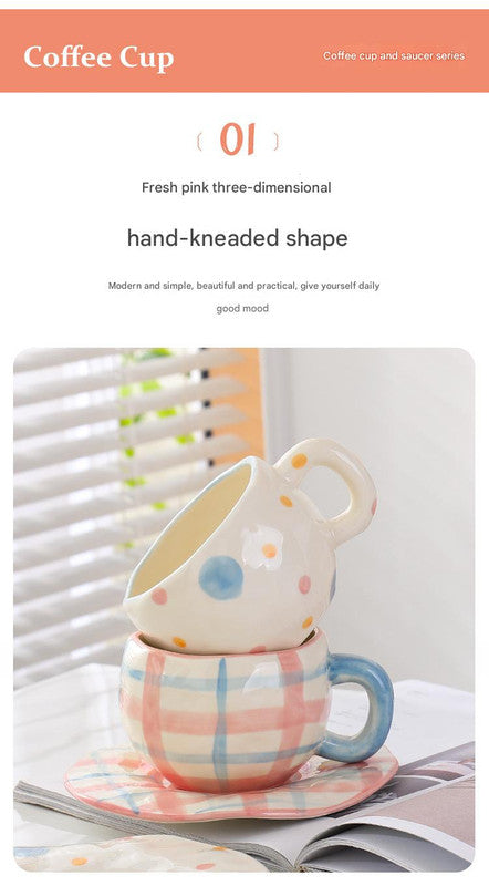 Hand-Painted Ceramic Coffee Cup and Saucer Set - Vintage Afternoon Tea(Blue bow)