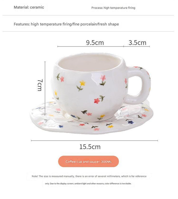 Hand-Painted Ceramic Coffee Cup and Saucer Set - Vintage Afternoon Tea(Small yellow flowers)