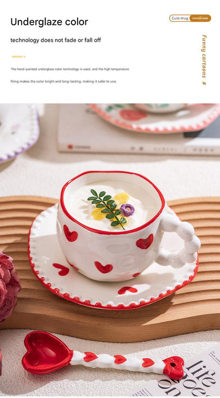 Hand-Painted Ceramic Coffee Mug and Saucer Set - Whimsical Afternoon Tea Cup with Spoon(Red rose)