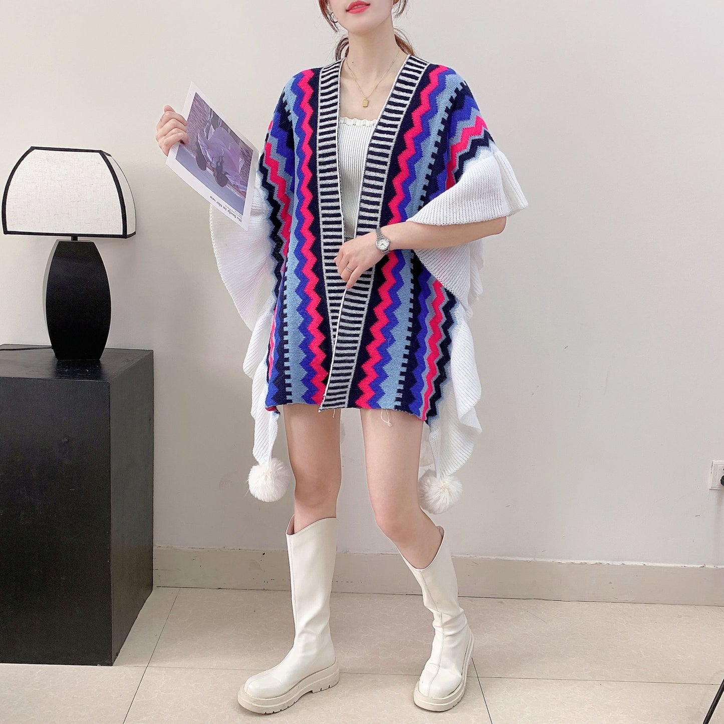 Blue Black Women's printed knitted cardigan cape with ruffled sleeves (Style 6)