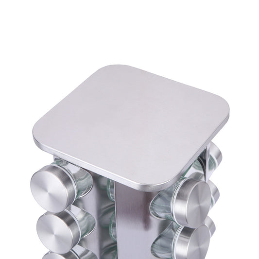 Modern stainless steel rounded corner rotating spice rack with 16 empty glass jars (88 ml each)