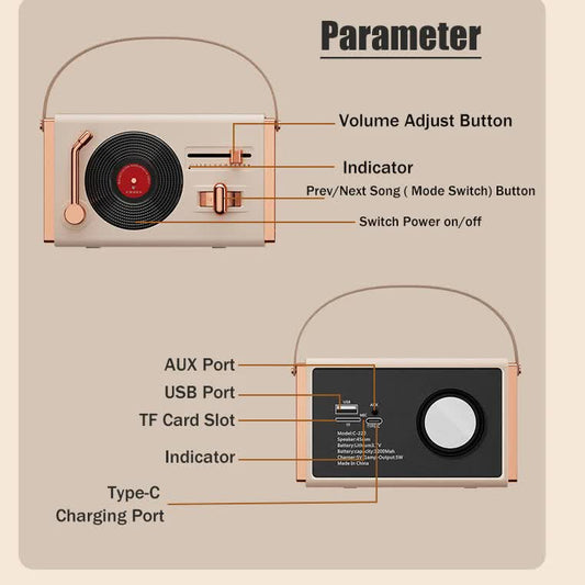Purple Retro Record Player Style Bluetooth Speaker - Portable Wireless Turntable Design Audio