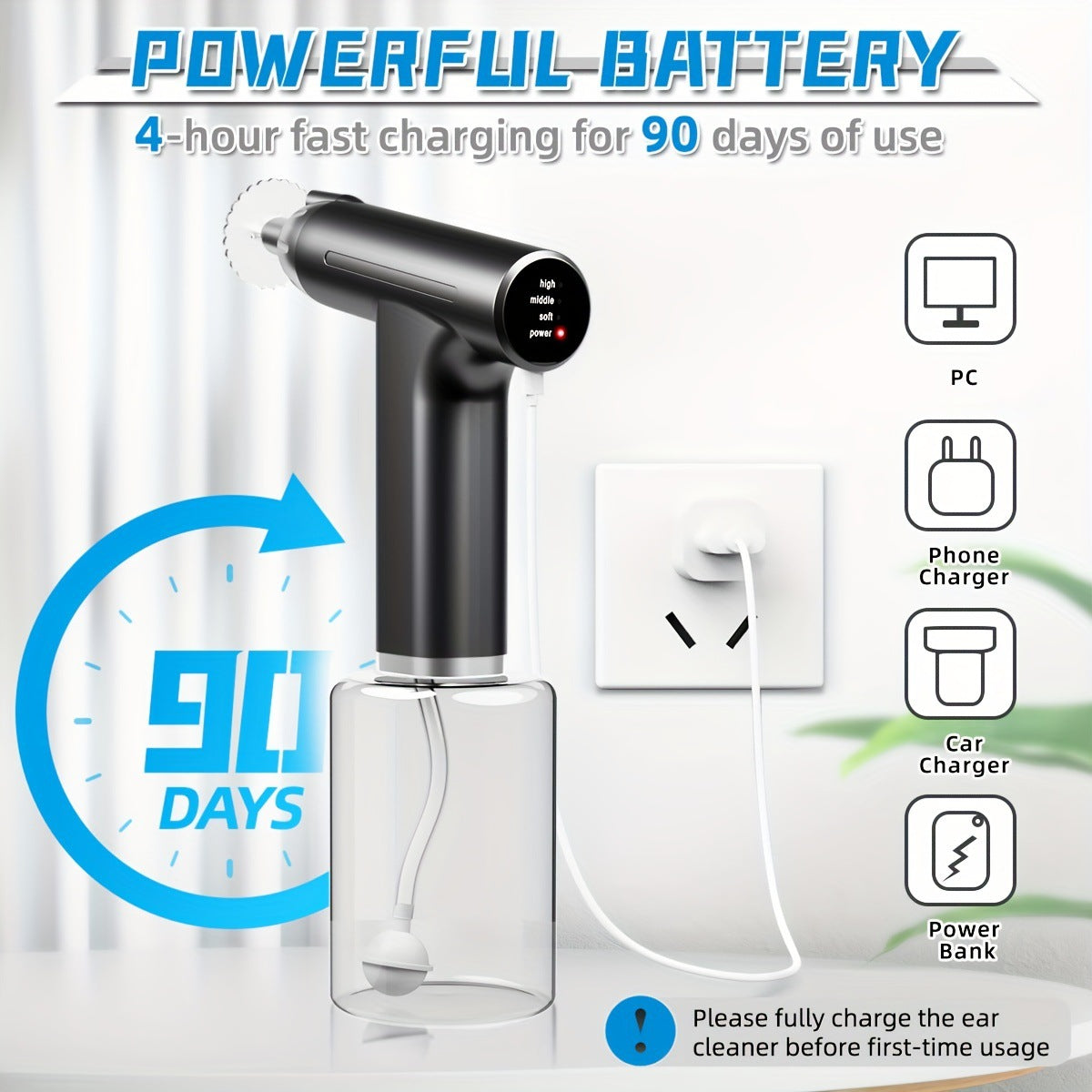 Black Electric Earwax Irrigator Set - Gentle and effective earwax cleaner with collection basin and earplugs