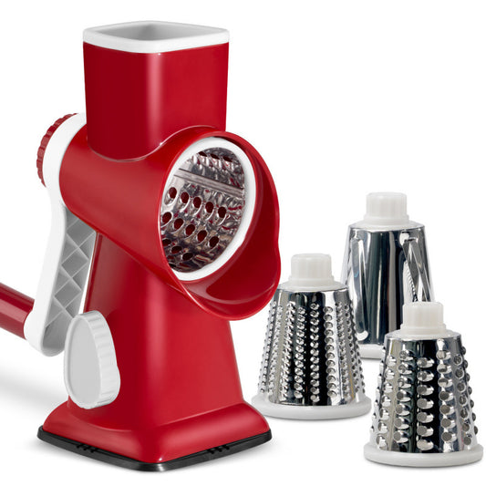 White Rotary Cheese Grater & Vegetable Slicer - Manual Shredder with 3 Interchangeable Drums