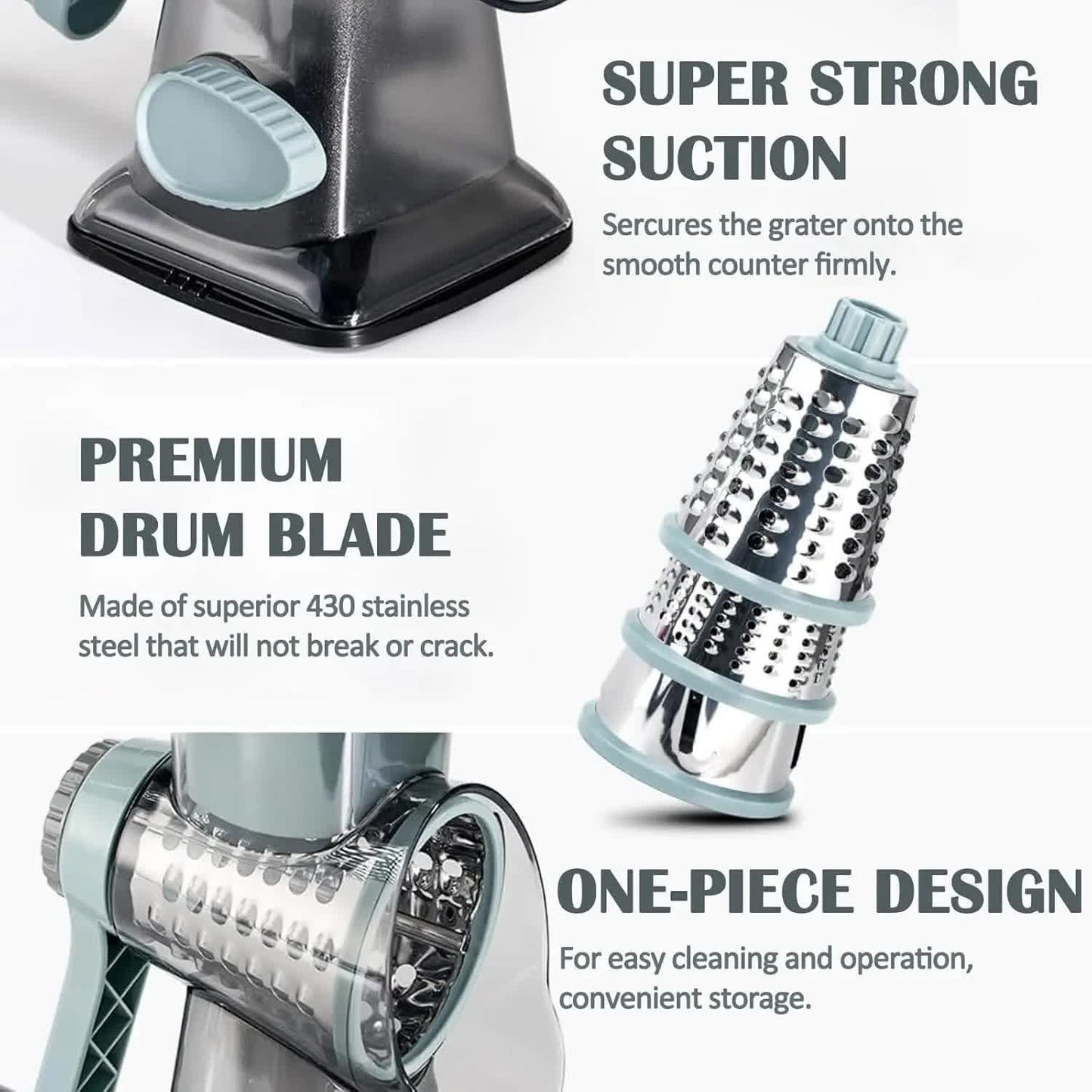 Grey Rotary Cheese Grater & Vegetable Slicer - Manual Shredder with 3 Interchangeable Drums