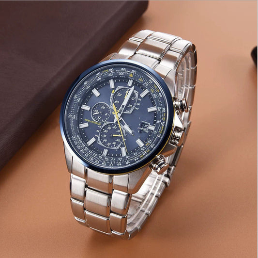 Steel strip blue surface Elegant Men's Quartz Chronograph Watch with 42mm Case and Perpetual Calendar