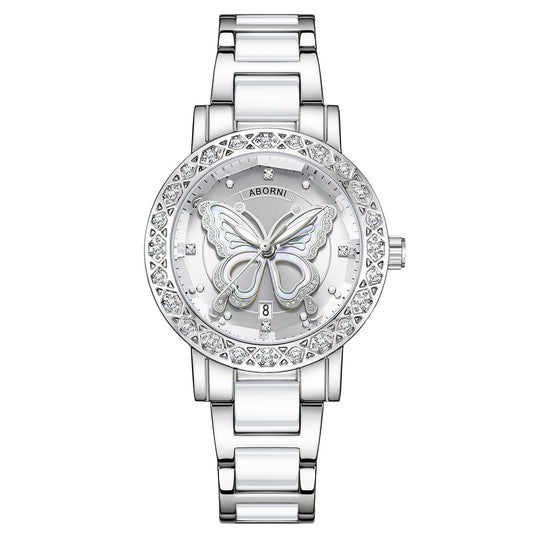 Women's Butterfly Quartz Watch with Ceramic Steel Strap and Luminous Hands (Silver shell white surface steel belt)