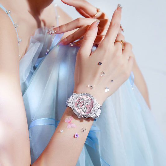 Women's Butterfly Quartz Watch with Ceramic Steel Strap and Luminous Hands (Silver shell powder surface steel belt)