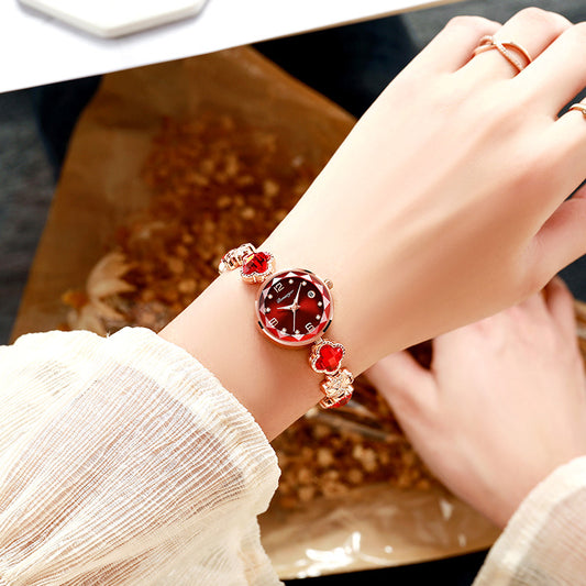 Red Women's Four-Leaf Clover Quartz Watch with Red Dial and Crystal Accents