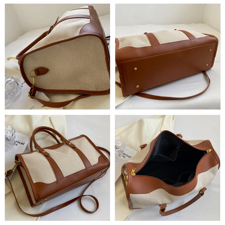 Black Contrast Color Women's Travel Bag - Canvas & PU Leather Trim Luggage (43x27x19cm)