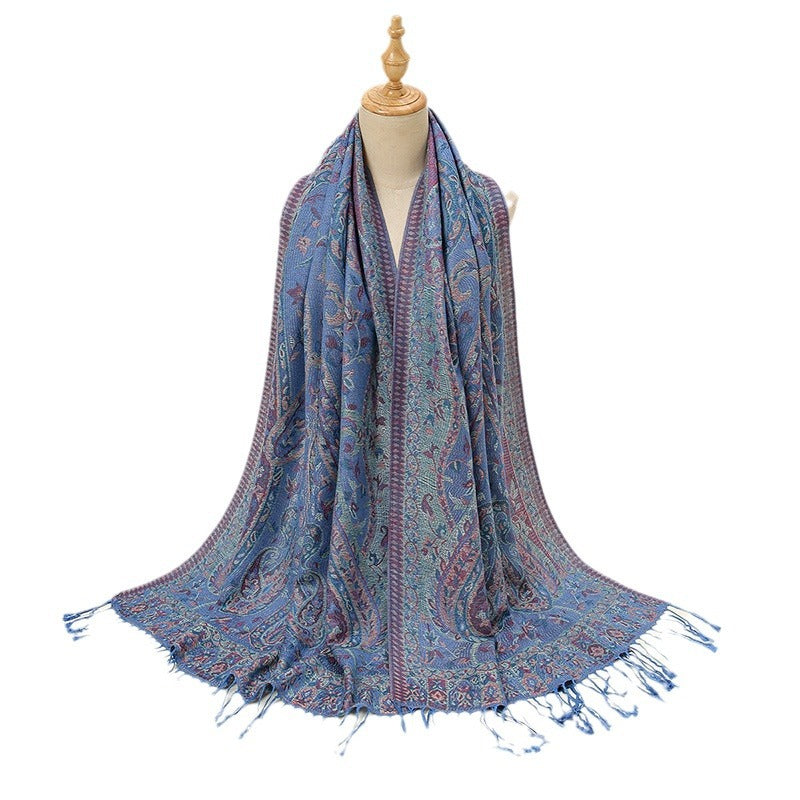 Blue Elegant Retro Paisley Print Scarf for Women - Soft Fashion Shawl Wrap 185x70cm
