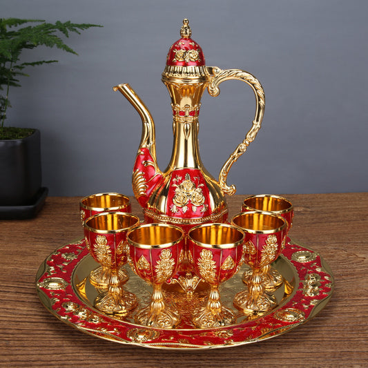Vintage Palace Style Liquor Serving Set - Metal Pot, 6 Cups & Tray (Golden Red)