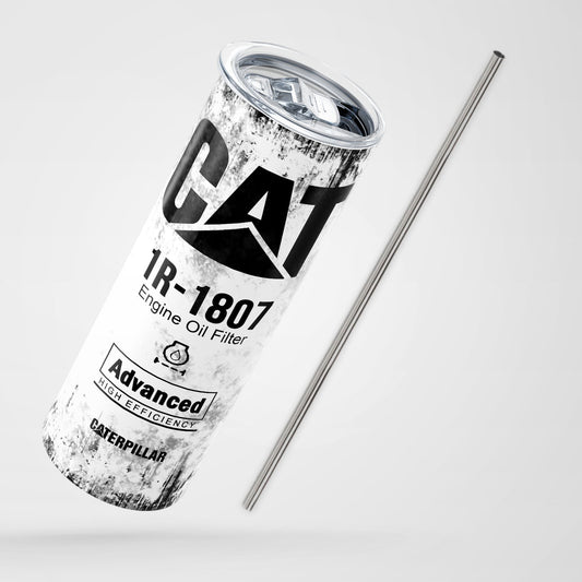 White Skinny Tumbler (591ml) - Fun CAT Oil Filter Replica for Construction Fans
