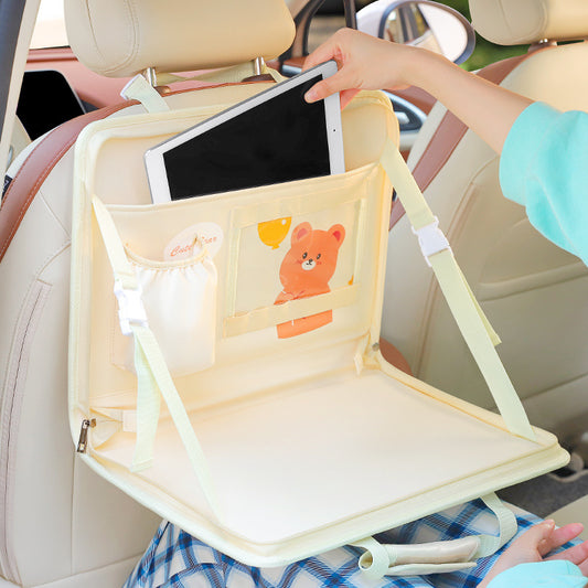 Yellow Foldable Car Back Seat Organizer Tray - PU Leather Travel Desk with Tablet Holder