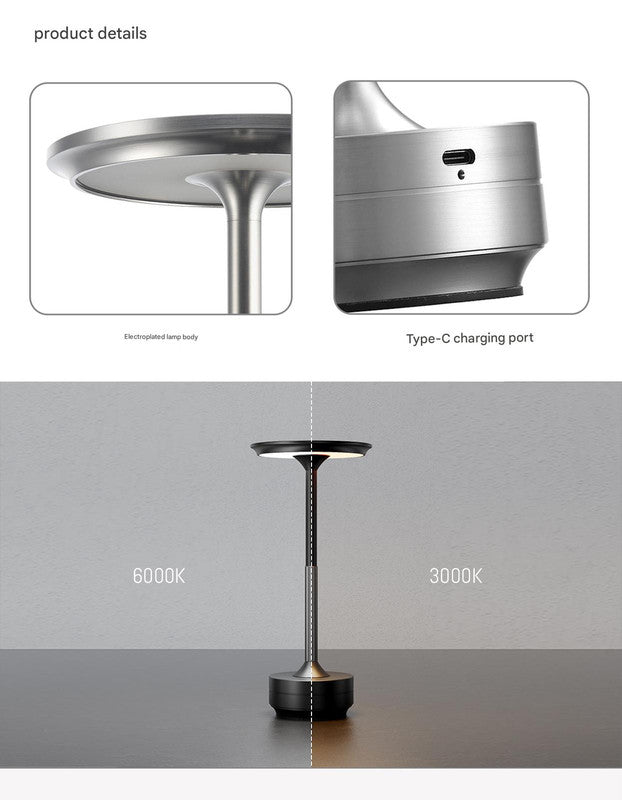 Black Elegant Aluminum Alloy Rechargeable LED Touch Lamp - 3-Color Dimmable Cordless Table Light