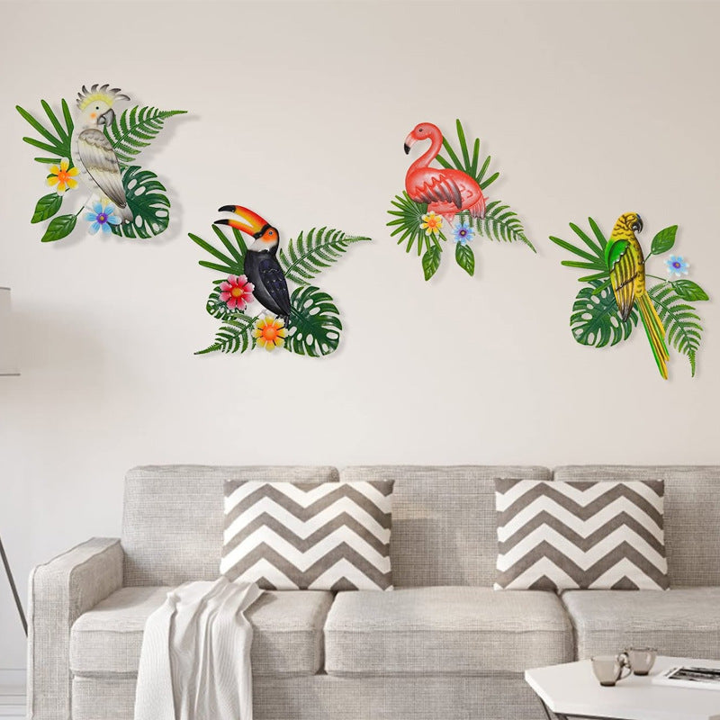 2 Pcs Grey And Green Vibrant Cockatoo Metal Wall Art - Tropical Leaves & Flowers Home Decor