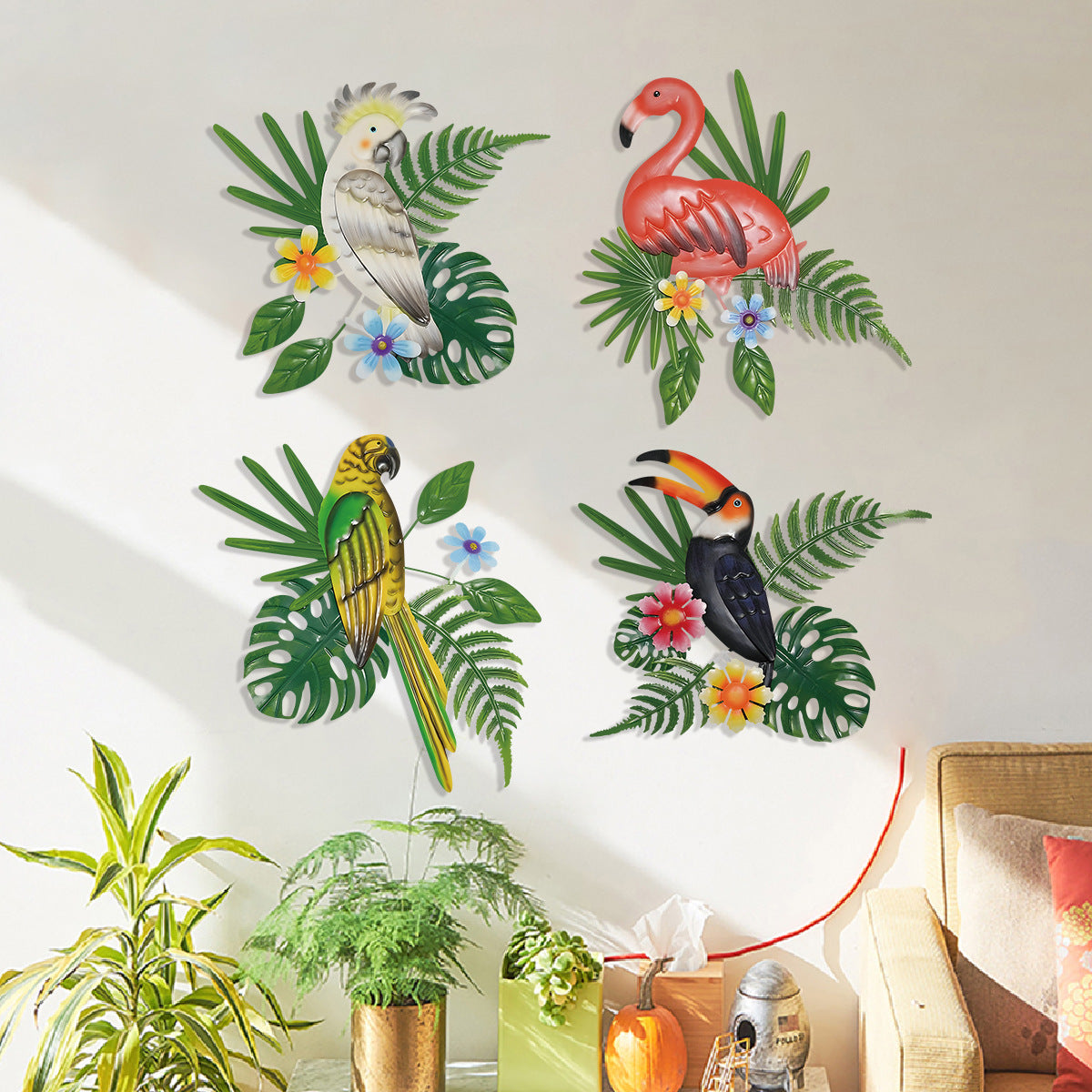 2 Pcs Grey And Green Vibrant Cockatoo Metal Wall Art - Tropical Leaves & Flowers Home Decor