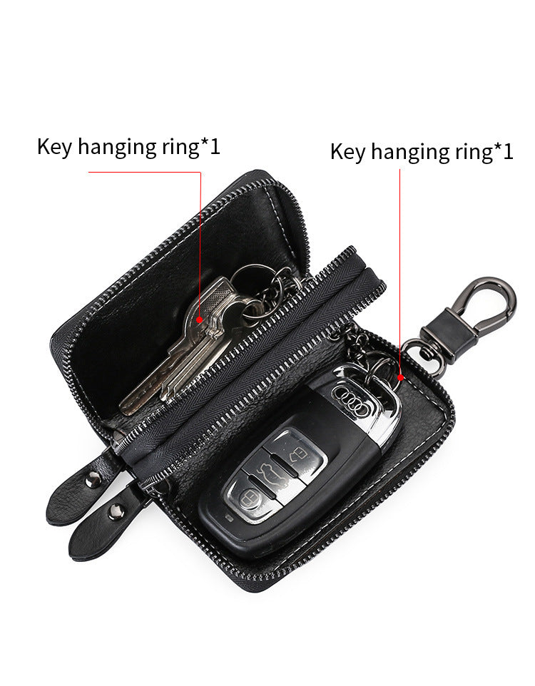 Black Premium Genuine Leather Double Zipper Key Case - Car & House Key Organizer Pouch