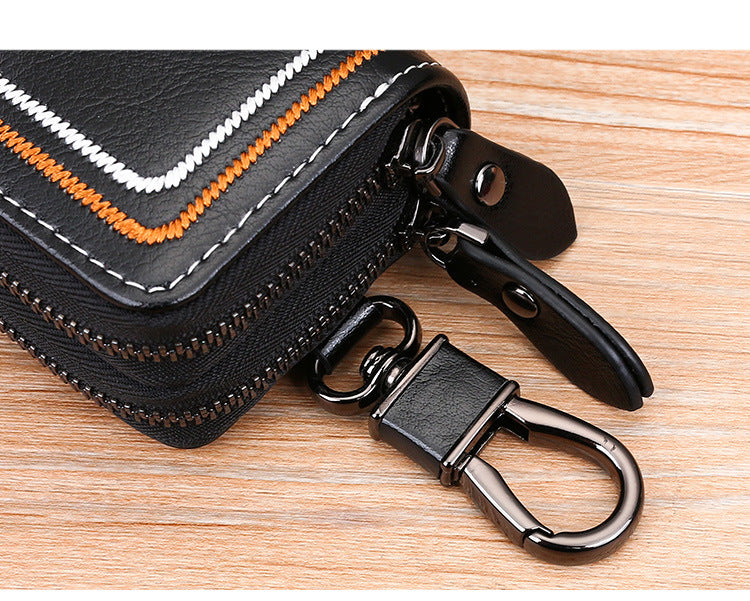 Black Premium Genuine Leather Double Zipper Key Case - Car & House Key Organizer Pouch