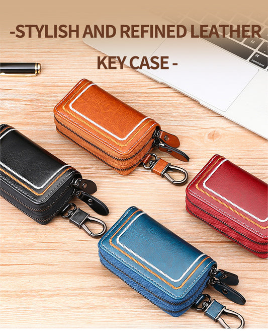 Red Premium Genuine Leather Double Zipper Key Case - Car & House Key Organizer Pouch