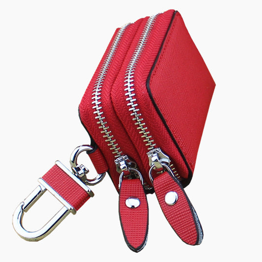 Red Compact Crossgrain Leather Double Zipper Key Case - Stylish Car & Home Key Organizer