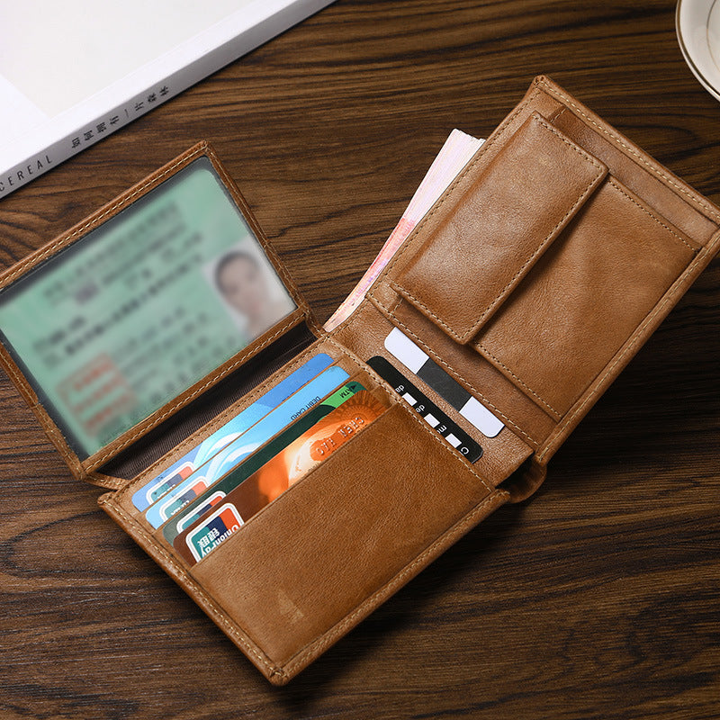 Coffee Genuine Leather RFID Blocking Wallet for Men - Vintage Bifold with Coin Pocket & ID Window