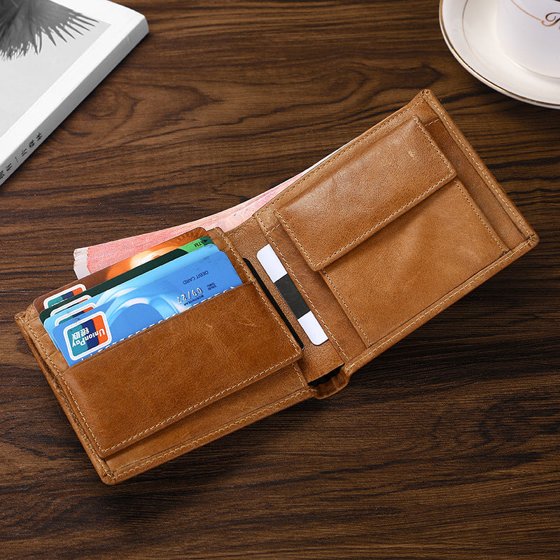 Coffee Genuine Leather RFID Blocking Wallet for Men - Vintage Bifold with Coin Pocket & ID Window