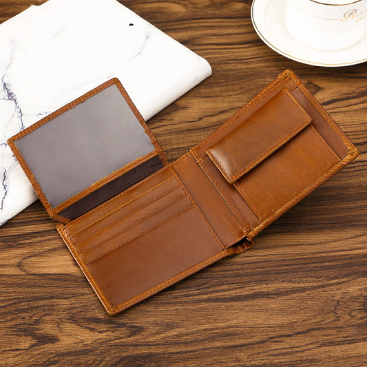 Brown Genuine Leather RFID Blocking Wallet for Men - Vintage Bifold with Coin Pocket & ID Window