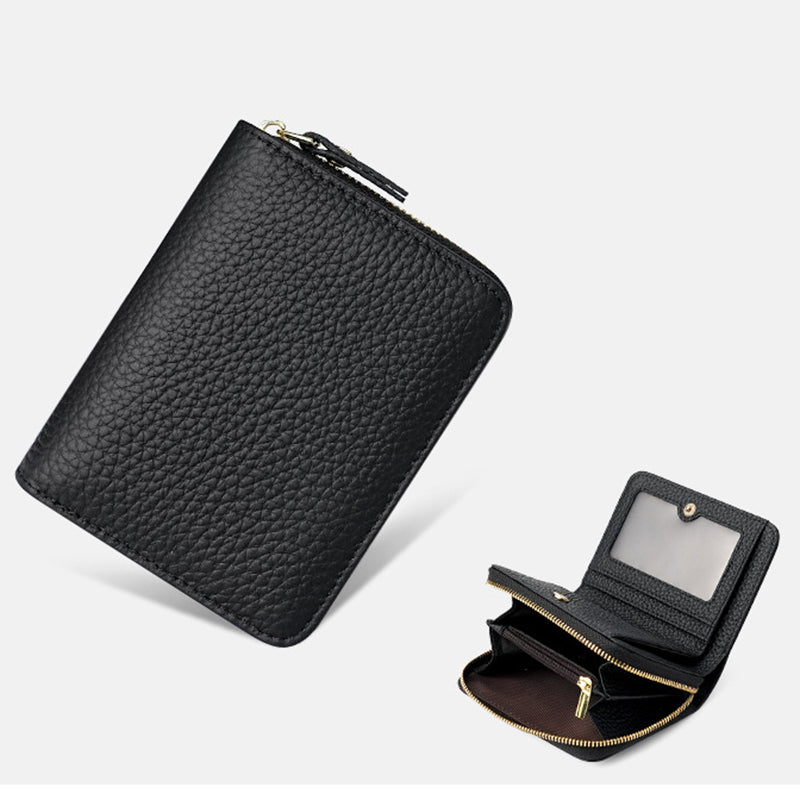 Black Compact RFID Genuine Leather Wallet for Women - Secure Zipper Card Holder & Coin Purse