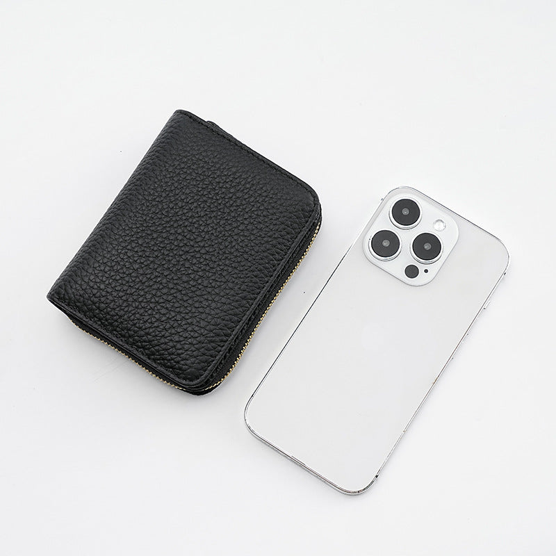 Black Compact RFID Genuine Leather Wallet for Women - Secure Zipper Card Holder & Coin Purse