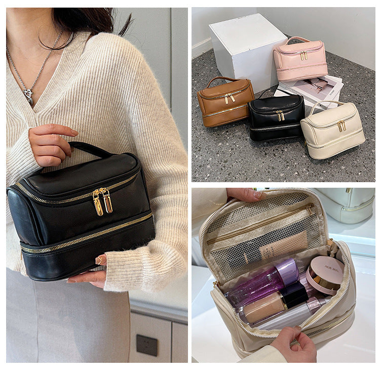 Brown Large Capacity Double Layer PU Leather Makeup Bag - Portable Travel Cosmetic Organizer Case