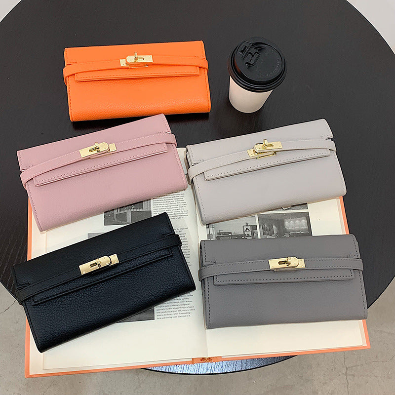 Beige Elegant Women's Turn Lock Long Wallet - Black PU Leather Clutch Purse with Card Slots & Zipper Pocket