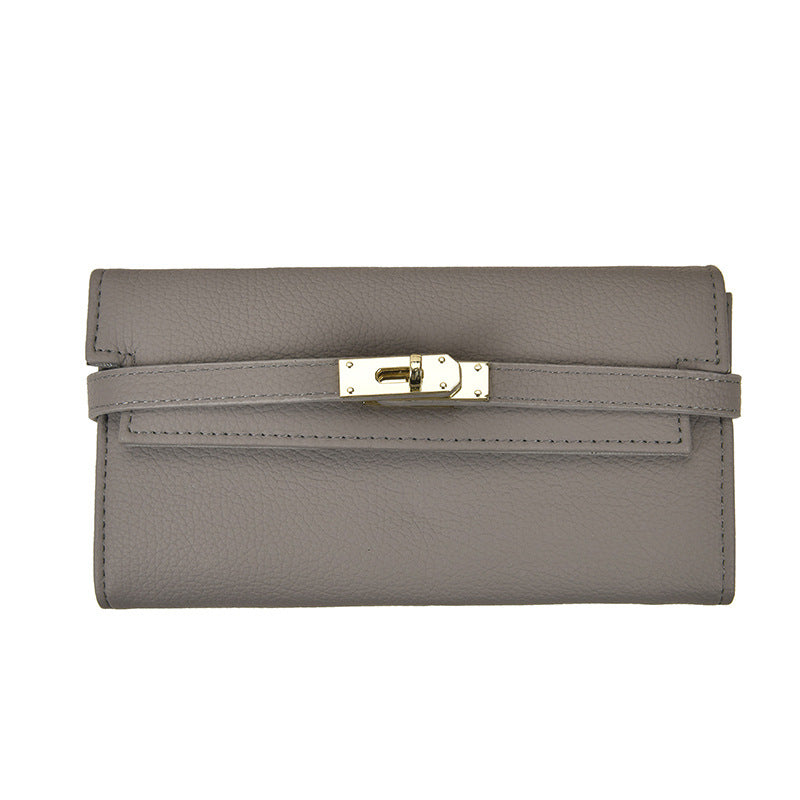 Grey Elegant Women's Turn Lock Long Wallet - Black PU Leather Clutch Purse with Card Slots & Zipper Pocket