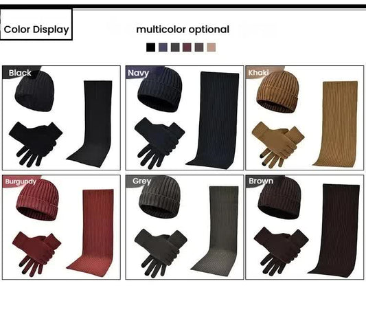 Wine Red Men's 3-Piece Winter Warm Ribbed Knit Beanie Hat Scarf and Gloves Set