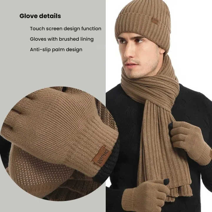 Wine Red Men's 3-Piece Winter Warm Ribbed Knit Beanie Hat Scarf and Gloves Set