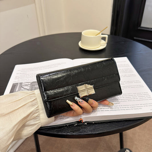 Black Elegant Women's RFID Blocking Long Wallet - PU Leather Clutch Purse with Clasp