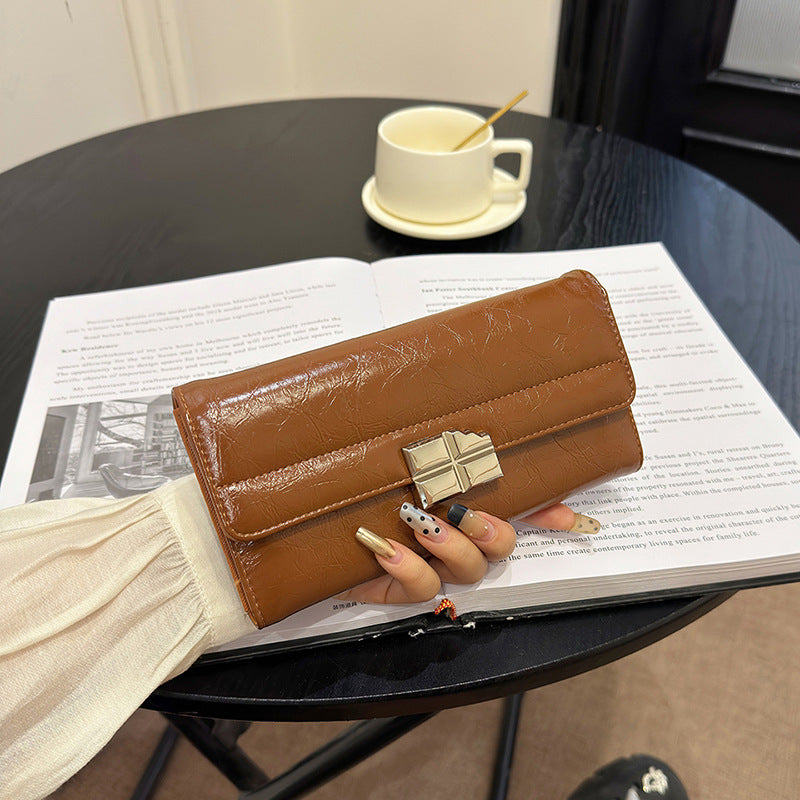 Brown Elegant Women's RFID Blocking Long Wallet - PU Leather Clutch Purse with Clasp