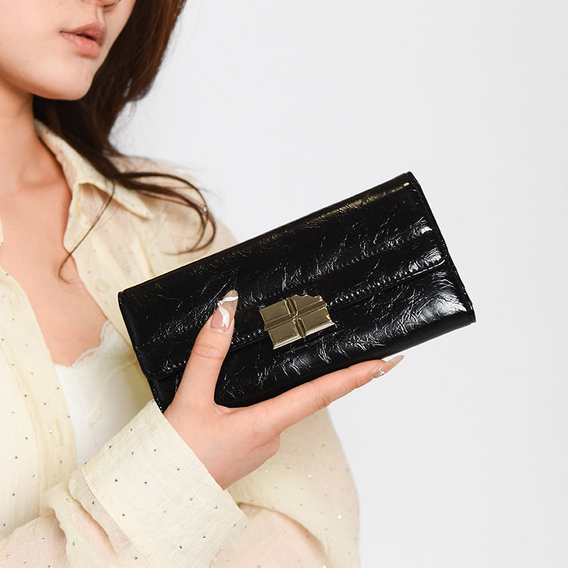 Brown Elegant Women's RFID Blocking Long Wallet - PU Leather Clutch Purse with Clasp