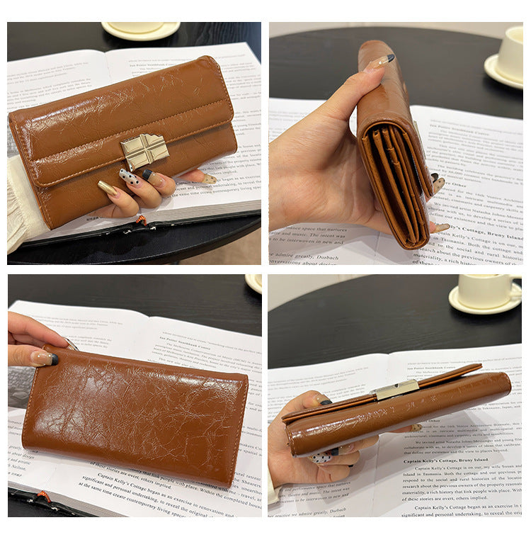 Brown Elegant Women's RFID Blocking Long Wallet - PU Leather Clutch Purse with Clasp