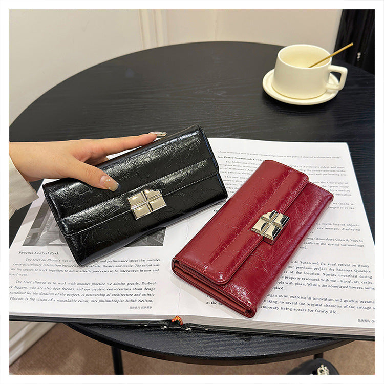 Brown Elegant Women's RFID Blocking Long Wallet - PU Leather Clutch Purse with Clasp