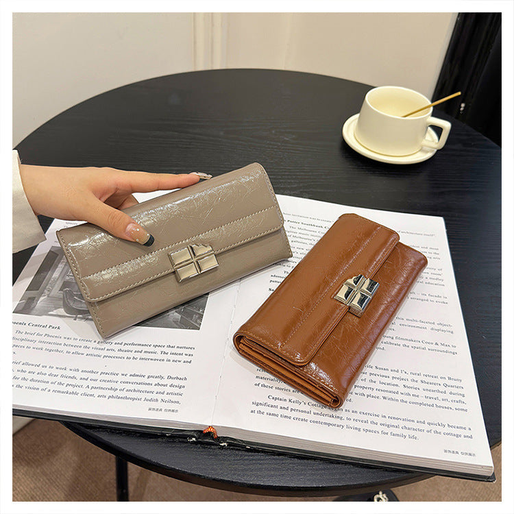 Brown Elegant Women's RFID Blocking Long Wallet - PU Leather Clutch Purse with Clasp