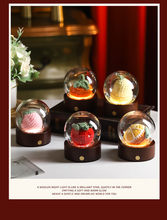 Yellow Rose Handcrafted Crochet Flower LED Night Light - USB Rechargeable Glass Dome Lamp with Wood Base, 3 Color Modes