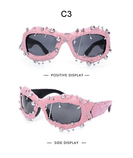 Pink Edgy Punk Rock Spiked Sunglasses - Statement Goth Studded Eyewear